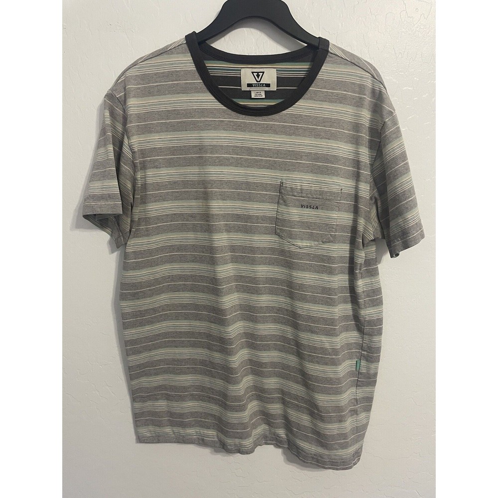 Vissla T Shirt Mens Size Large Gray Light Blue Short Sleeve Pocket Tee (B)
